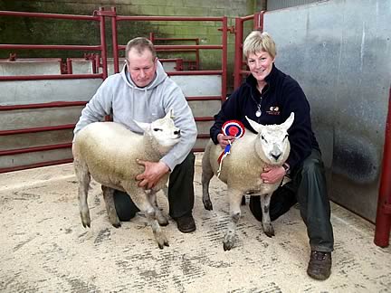 Champion pair of prime spring lambs from J Marshall, Hermitage, with judge Stephen Stoddart